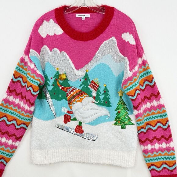 Hooked Up Embellished Ugly Christmas Sweater Pink Multicolor Size M - Picture 4 of 16
